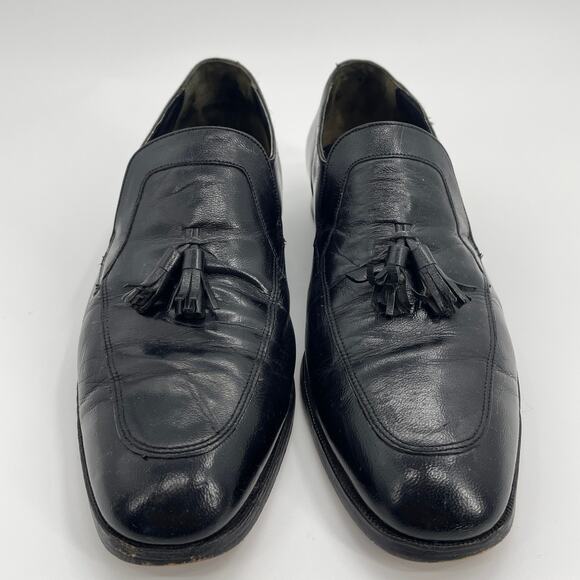 FLORSHEIM Mens Dress Shoes Size 9.5  Black Leather Slip On Loafer Tassel [FLAW] - Picture 2 of 10